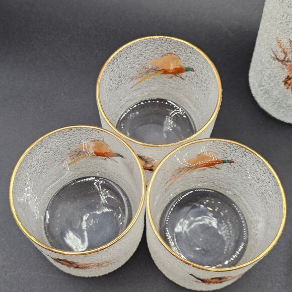 Vintage Pebble Rock Martini Pitcher Set Pheasant Gold Rim 6 Glasses Stirrer 50s - Picture 8 of 9